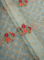 Pure Organza Sky Blue Color with Floral Embroidered Butta Fabric