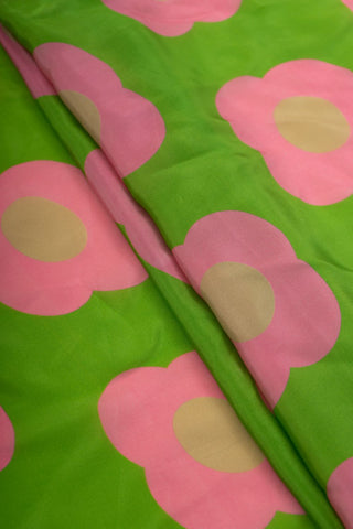 (Precut - 1.5 Meter) Pure Crepe Green And Pink Color Floral Digital Print Fabric.