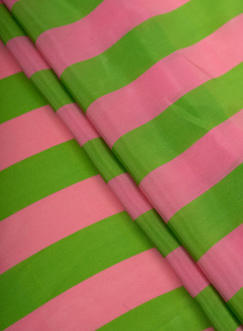 (Pre Cut-2 Meter) Pure Crepe Green And Pink Color Stripes Pattern Digital Print Fabric.