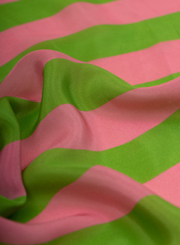 (Pre Cut-2 Meter) Pure Crepe Green And Pink Color Stripes Pattern Digital Print Fabric.