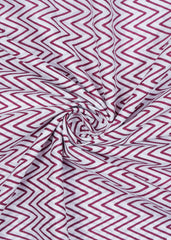 Maroon And White Zigzag Striped Lines Pattern Screen Print Cotton Mulmul Fabric