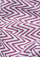 Maroon And White Zigzag Striped Lines Pattern Screen Print Cotton Mulmul Fabric