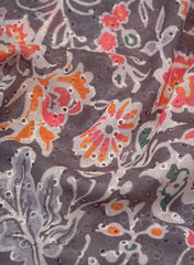 Linen Schiffli Grey Color Floral Print Embroidery Fabric