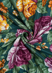 Dark Green and Purple Floral Pattern Screen Print Premium Santoon Fabric