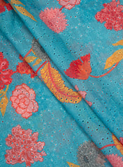 Linen Schiffli Turquoise Blue Color Floral Print Embroidery Fabric