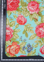 Sky Blue  And Red Floral Pattern Screen Print Premium Santoon Fabric