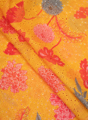 Linen Schiffli Fire Yellow Color Floral Print Embroidery Fabric