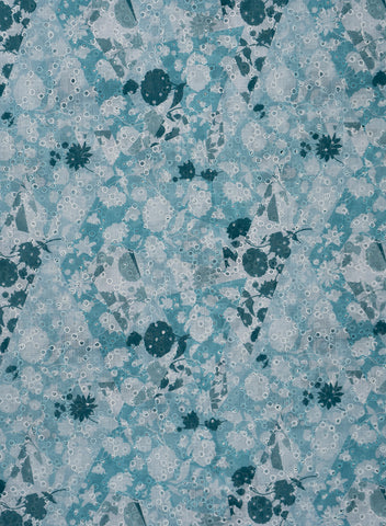 (Per Cut-2 Meter) Linen Schiffli Aqua Blue Color Floral Print Embroidery Fabric