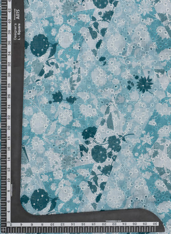 (Per Cut-2 Meter) Linen Schiffli Aqua Blue Color Floral Print Embroidery Fabric
