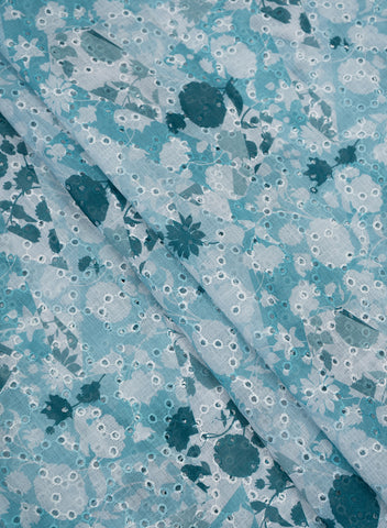(Per Cut-2 Meter) Linen Schiffli Aqua Blue Color Floral Print Embroidery Fabric