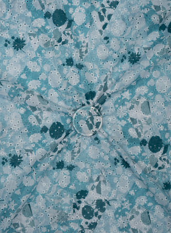 (Per Cut-2 Meter) Linen Schiffli Aqua Blue Color Floral Print Embroidery Fabric