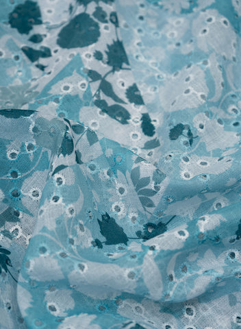 (Per Cut-2 Meter) Linen Schiffli Aqua Blue Color Floral Print Embroidery Fabric