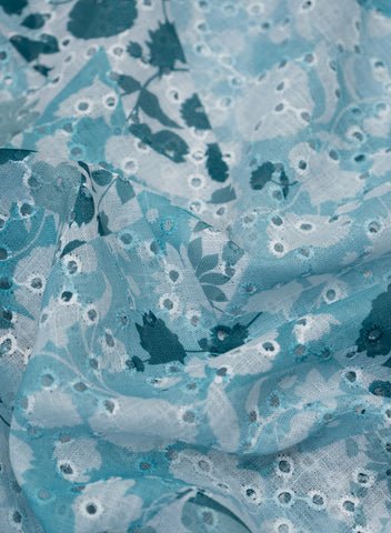 (Per Cut-2 Meter) Linen Schiffli Aqua Blue Color Floral Print Embroidery Fabric