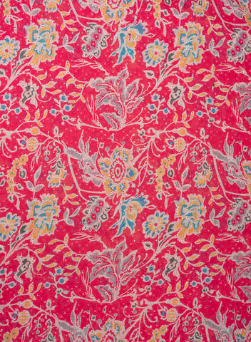 (Pre Cut-1 Meter) Linen Schiffli Dark Pink Color Floral Print Embroidery Fabric