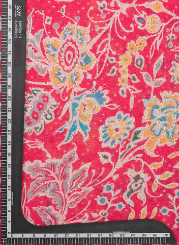 (Pre Cut-1 Meter) Linen Schiffli Dark Pink Color Floral Print Embroidery Fabric
