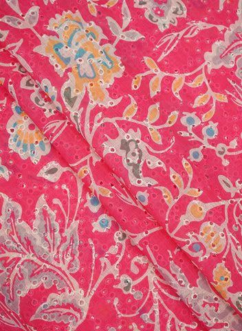 (Pre Cut-1 Meter) Linen Schiffli Dark Pink Color Floral Print Embroidery Fabric