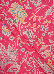 Linen Schiffli Dark Pink Color Floral Print Embroidery Fabric