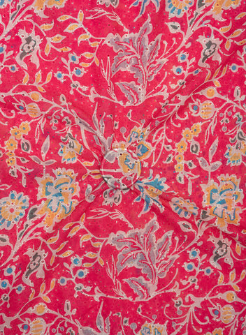 (Pre Cut-1 Meter) Linen Schiffli Dark Pink Color Floral Print Embroidery Fabric