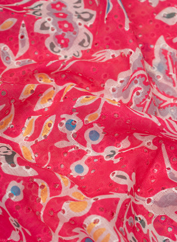 (Pre Cut-1 Meter) Linen Schiffli Dark Pink Color Floral Print Embroidery Fabric