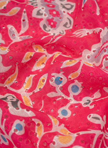 (Pre Cut-1 Meter) Linen Schiffli Dark Pink Color Floral Print Embroidery Fabric