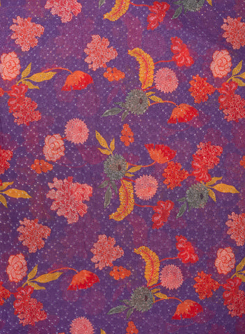 (Per Cut-1 Meter) Linen Schiffli Purple Color Floral Print Embroidery Fabric