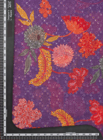 (Per Cut-1 Meter) Linen Schiffli Purple Color Floral Print Embroidery Fabric