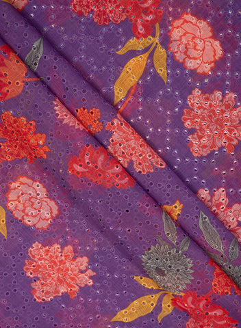 (Per Cut-1 Meter) Linen Schiffli Purple Color Floral Print Embroidery Fabric