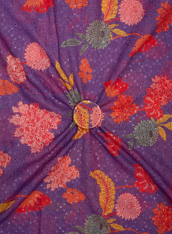 (Per Cut-1 Meter) Linen Schiffli Purple Color Floral Print Embroidery Fabric