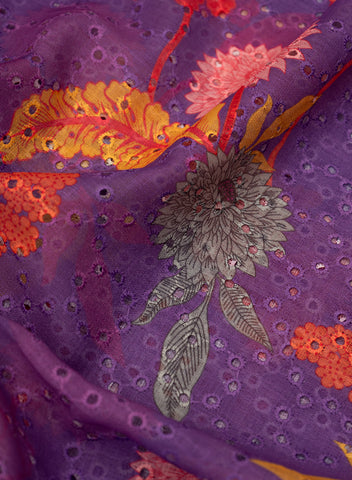 (Per Cut-1 Meter) Linen Schiffli Purple Color Floral Print Embroidery Fabric