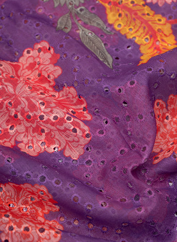 (Per Cut-1 Meter) Linen Schiffli Purple Color Floral Print Embroidery Fabric