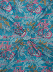 Linen Schiffli Turquoise Blue Color Floral Print Embroidery Fabric