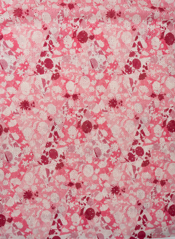 (Pre Cut-1.5 Meter) Linen Schiffli Shades of Pink Color Floral Print Embroidery Fabric