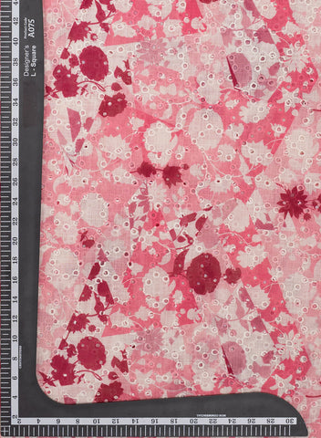 (Pre Cut-1.5 Meter) Linen Schiffli Shades of Pink Color Floral Print Embroidery Fabric