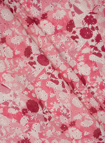 (Pre Cut-1.5 Meter) Linen Schiffli Shades of Pink Color Floral Print Embroidery Fabric