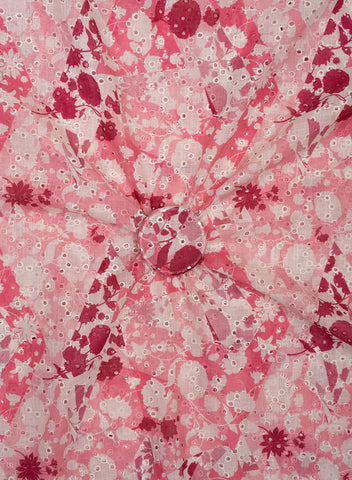 (Pre Cut-1.5 Meter) Linen Schiffli Shades of Pink Color Floral Print Embroidery Fabric