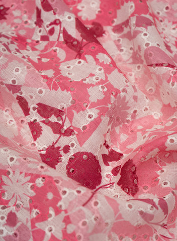 (Pre Cut-1.5 Meter) Linen Schiffli Shades of Pink Color Floral Print Embroidery Fabric