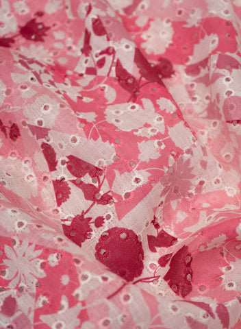 (Pre Cut-1.5 Meter) Linen Schiffli Shades of Pink Color Floral Print Embroidery Fabric