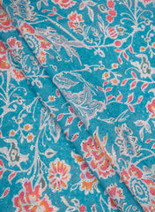 Linen Schiffli Turquoise Blue Color Floral Print Embroidery Fabric