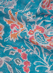 Linen Schiffli Turquoise Blue Color Floral Print Embroidery Fabric