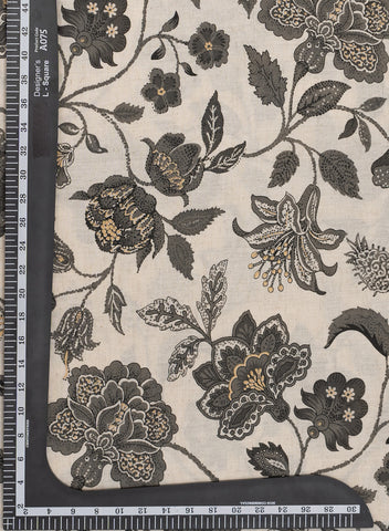 (Pre Cut -1.5 Meter) Cotton Flex Off-White With Grey Color Floral Pattern Discharge Print Fabric