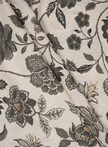 (Pre Cut -1.5 Meter) Cotton Flex Off-White With Grey Color Floral Pattern Discharge Print Fabric