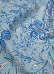 (Cotton Flex) Handloom Linen Aqua Blue Color Floral Pattern Discharge Print Fabric