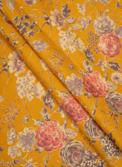 (Cotton Flex) Handloom Linen  Amber Yellow Color Floral Pattern Discharge Print Fabric