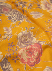 (Cotton Flex) Handloom Linen  Amber Yellow Color Floral Pattern Discharge Print Fabric