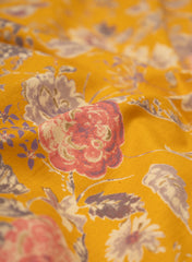 (Cotton Flex) Handloom Linen  Amber Yellow Color Floral Pattern Discharge Print Fabric