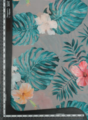 Grey And Green Persian Palm Beach Floral Pattern Digital Print Satin Georgette Fabric