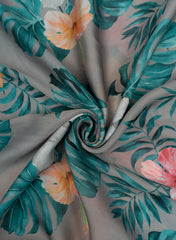 Grey And Green Persian Palm Beach Floral Pattern Digital Print Satin Georgette Fabric