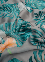 Grey And Green Persian Palm Beach Floral Pattern Digital Print Satin Georgette Fabric