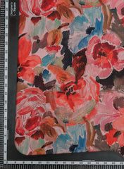 (Pre Cut -2.5 Meter) Vermilion Red Floral Pattern Digital Print Linen Satin Fabric