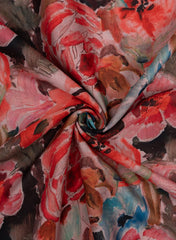 (Pre Cut -2.5 Meter) Vermilion Red Floral Pattern Digital Print Linen Satin Fabric